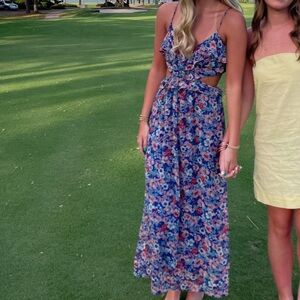 Lush Navy Floral Ruffle Open Back Maxi Dress